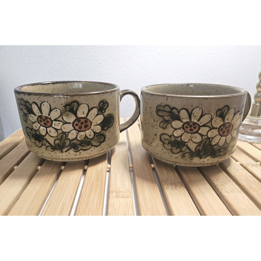 Vintage Pottery Handle Soup Bowl / Mug set Speckled Tan / Brown W/White Flowers